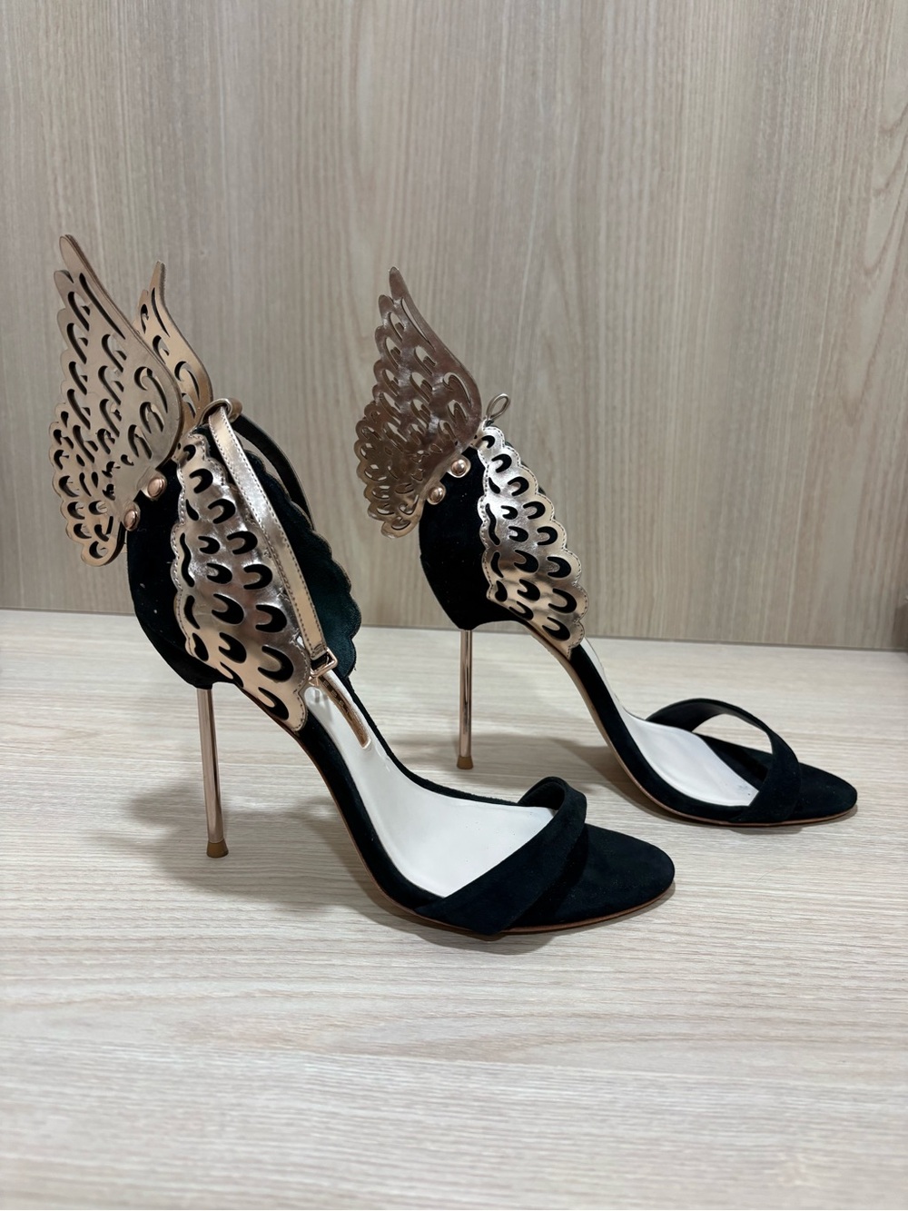 Sophia Webster Black Suede Stiletto Sandals with Rose Gold Wing Accents